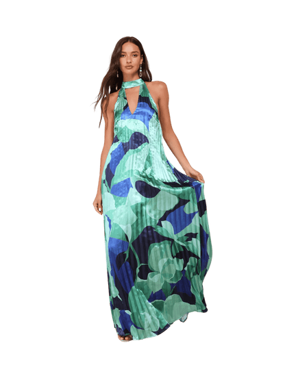 Abstract Satin Halter Dress